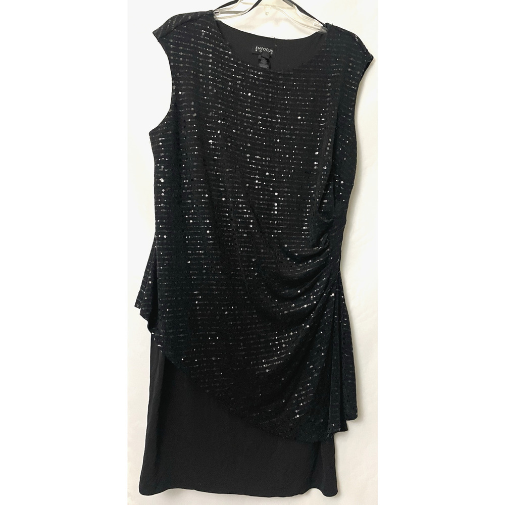 Enfocus Women's Dress Sparkly Wrap Sleeveless Black Size 16W Stretchy Cocktail